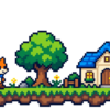 小さなキツネの冒険者、木、学びの家を描いたドット絵