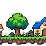 小さなキツネの冒険者、木、学びの家を描いたドット絵