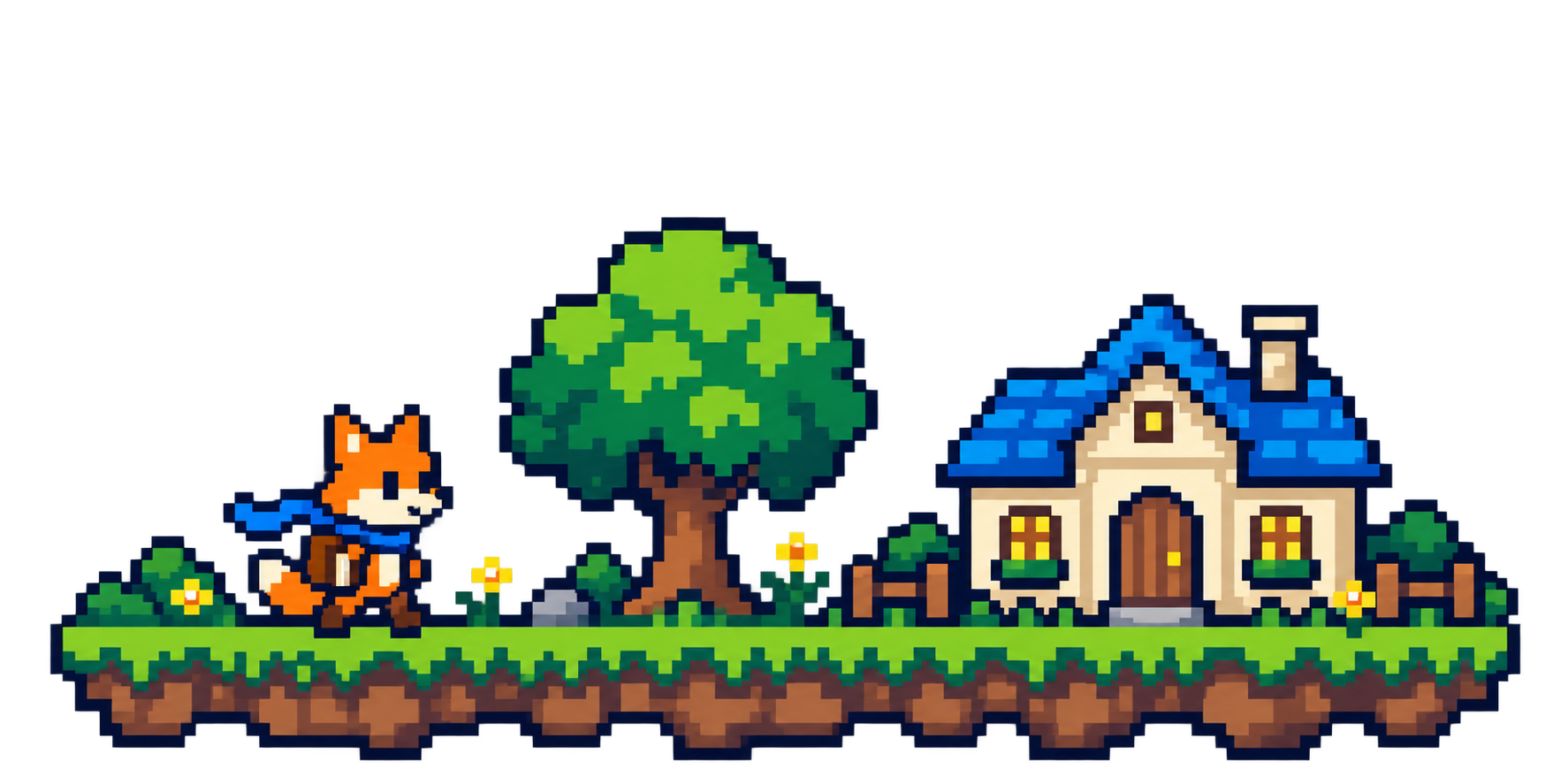 小さなキツネの冒険者、木、学びの家を描いた粗いドット絵